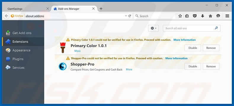Removing Giant Savings ads from Mozilla Firefox step 2