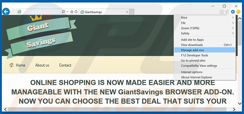 Removing Giant Savings ads from Internet Explorer step 1