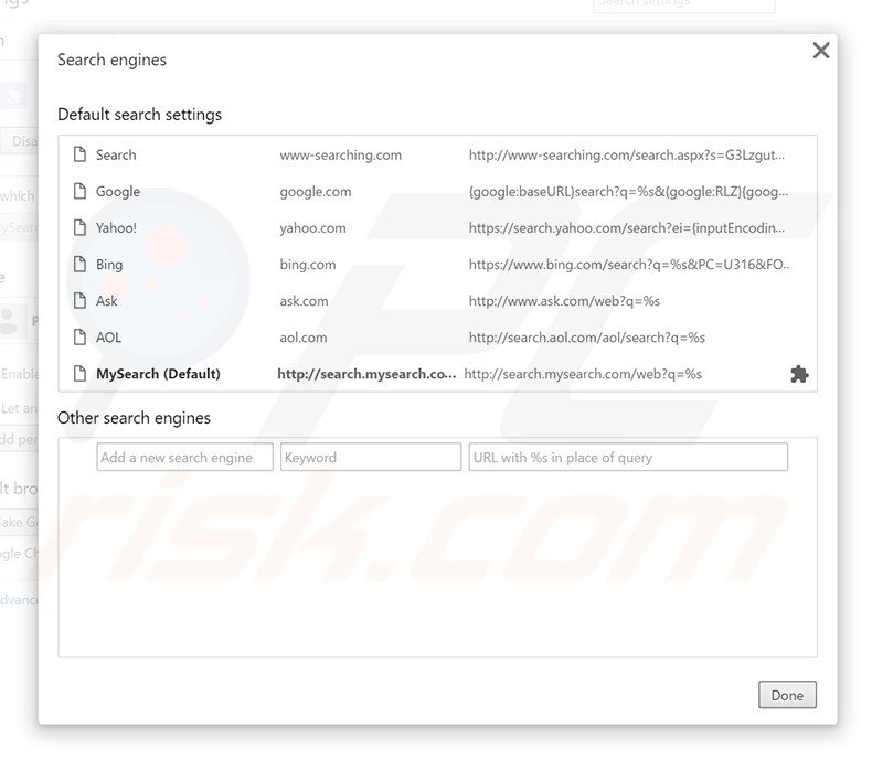 Removing search.mysearch.com from Google Chrome default search engine