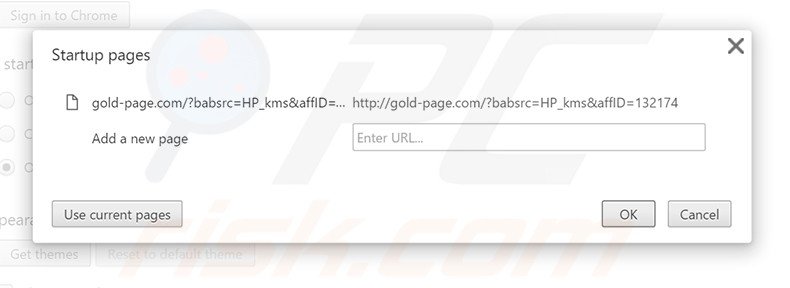Removing gold-page.com from Google Chrome homepage