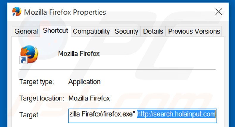 Removing search.holainput.com from Mozilla Firefox shortcut target step 2