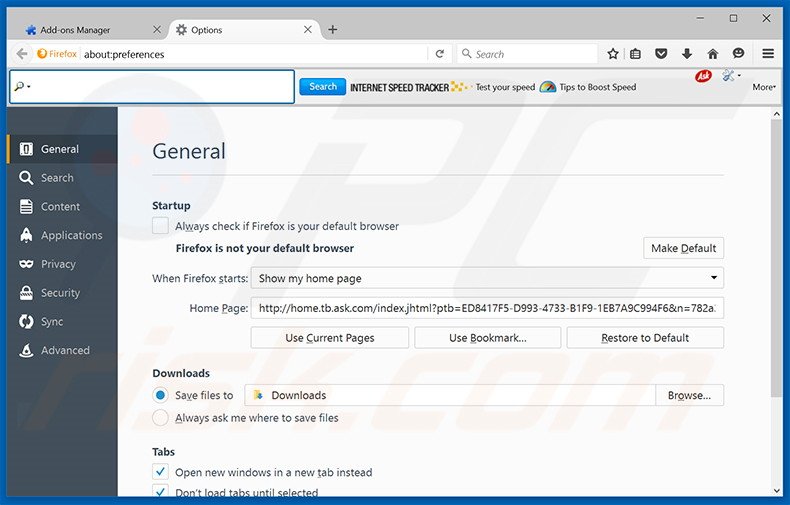 Removing Internet Speed Tracker from Mozilla Firefox homepage