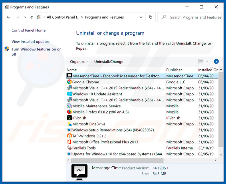 MessengerTime adware uninstall via Control Panel