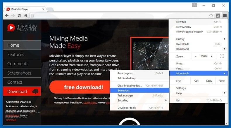 Removing MixVideoPlayer  ads from Google Chrome step 1