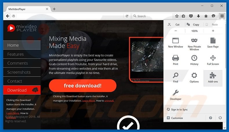 Removing MixVideoPlayer ads from Mozilla Firefox step 1