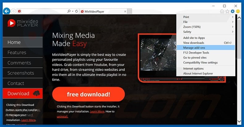 Removing MixVideoPlayer ads from Internet Explorer step 1