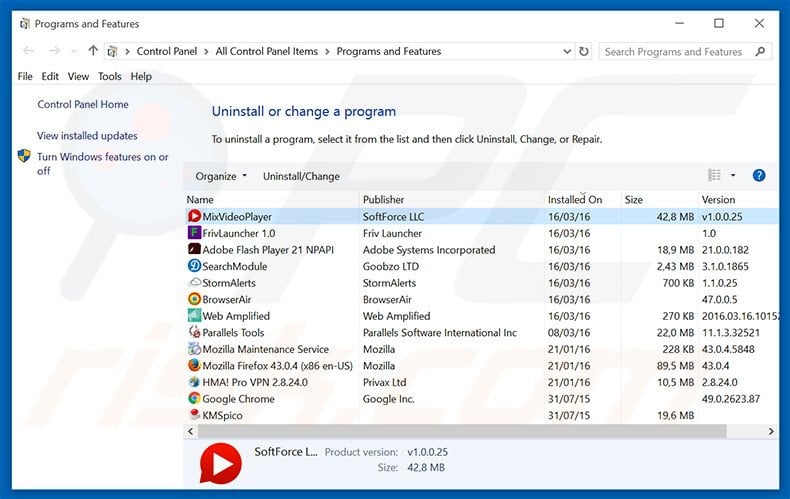 MixVideoPlayer adware uninstall via Control Panel