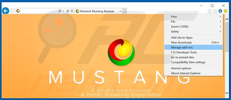 Removing Mustang Browser ads from Internet Explorer step 1