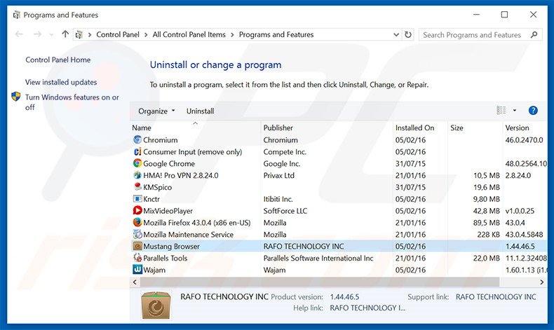 Mustang Browser adware uninstall via Control Panel