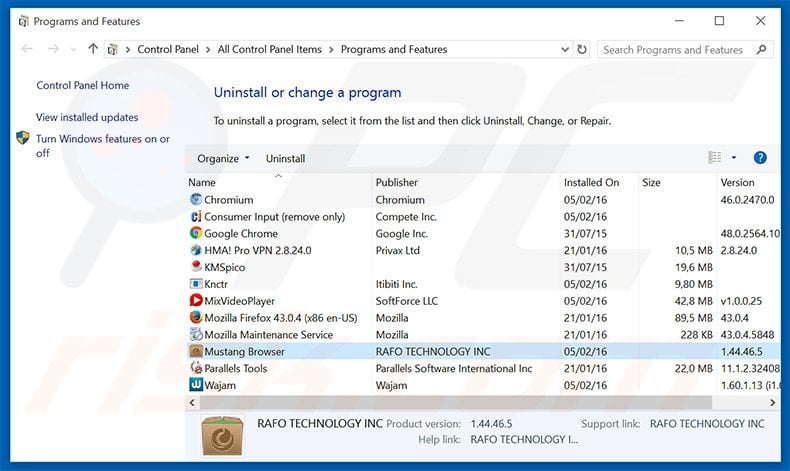 Mustang Browser adware uninstall via Control Panel