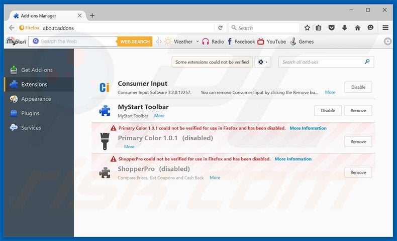 Removing Muzik Fury related Mozilla Firefox extensions