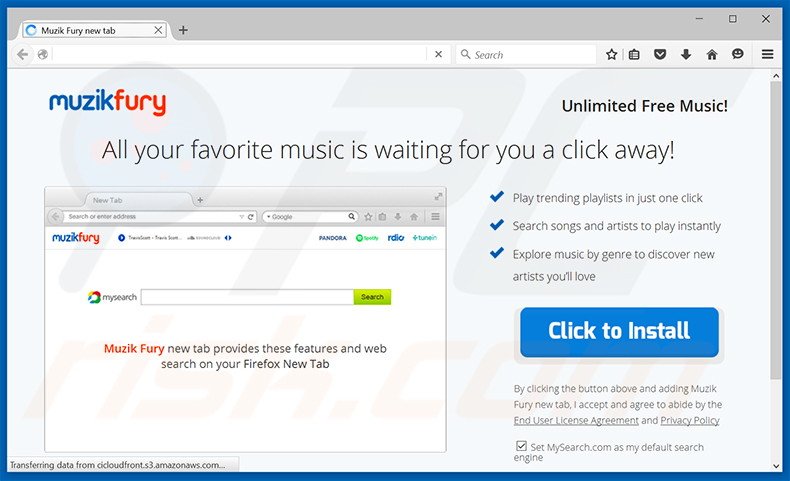 Muzik Fury browser hijacker promotion website