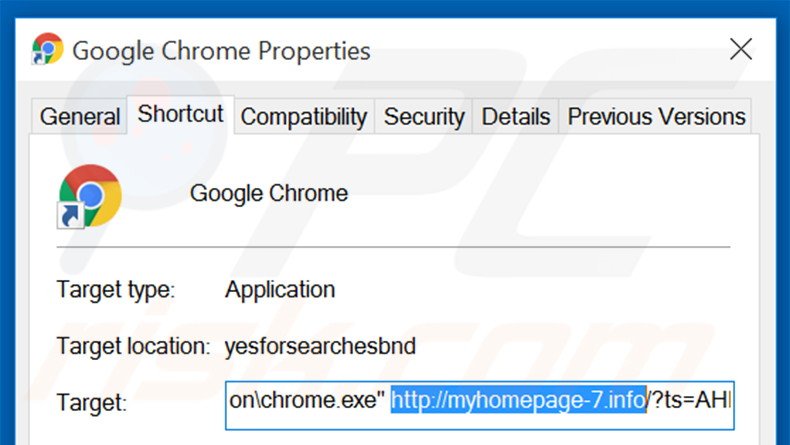 Removing myhomepage-7.info from Google Chrome shortcut target step 2