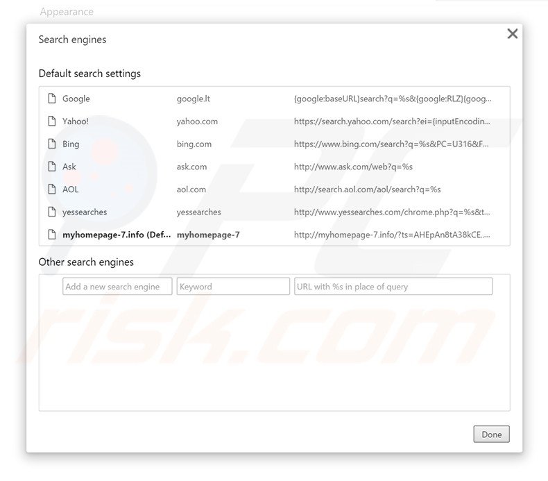 Removing myhomepage-7.info from Google Chrome default search engine