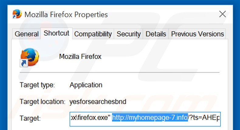 Removing myhomepage-7.info from Mozilla Firefox shortcut target step 2