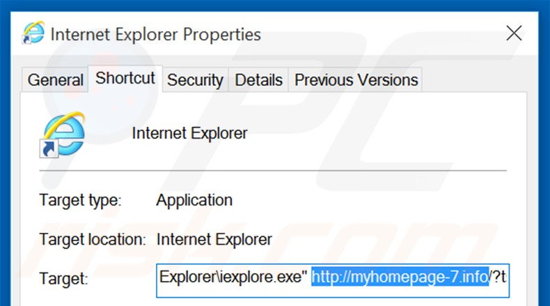 Removing myhomepage-7.info from Internet Explorer shortcut target step 2