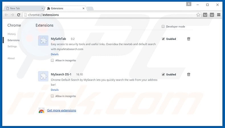 Removing search.mysafetabsearch.com related Google Chrome extensions