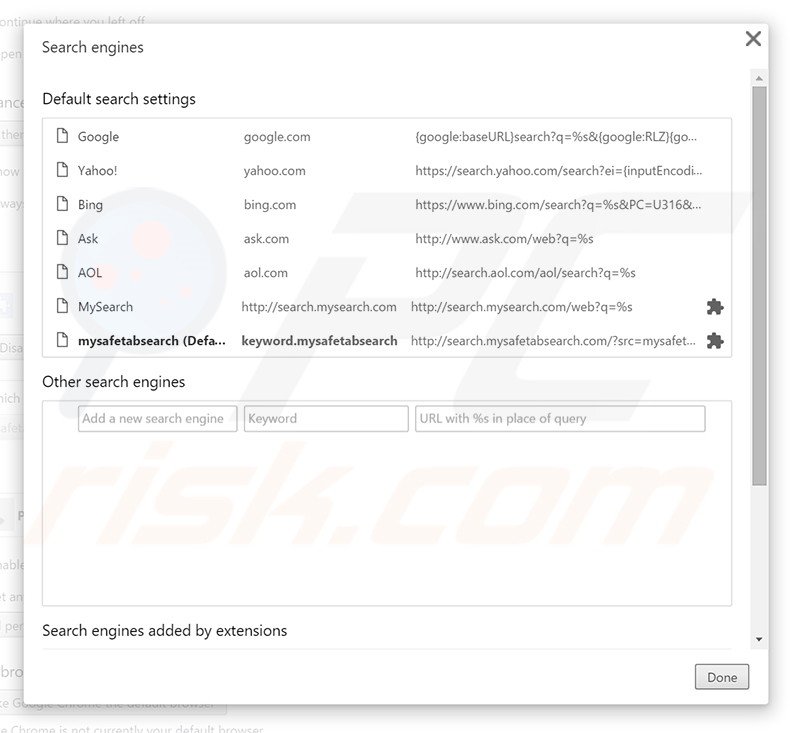 Removing search.mysafetabsearch.com from Google Chrome default search engine