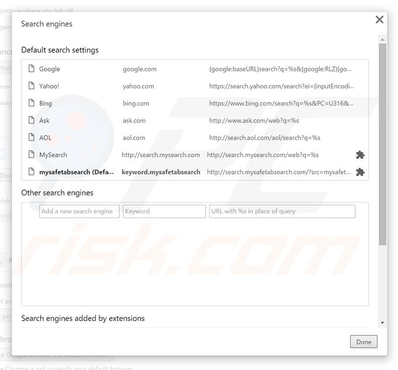 Removing search.mysafetabsearch.com from Google Chrome default search engine