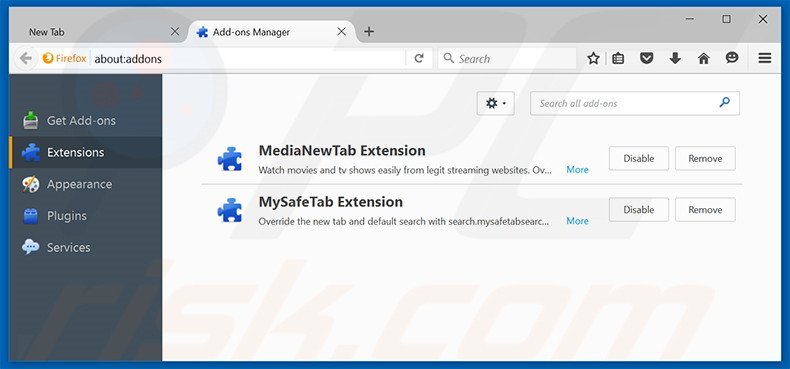 Removing search.mysafetabsearch.com related Mozilla Firefox extensions