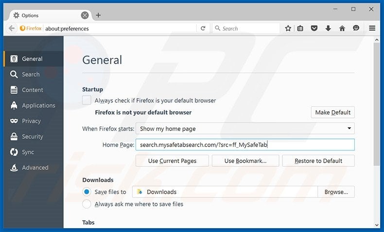 Removing search.mysafetabsearch.com from Mozilla Firefox homepage