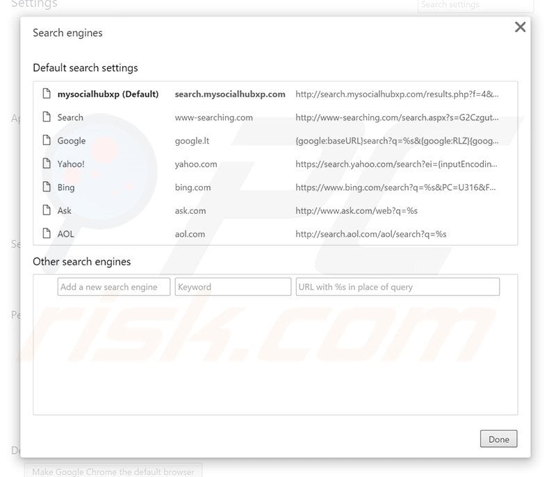 Removing search.mysocialhubxp.com from Google Chrome default search engine