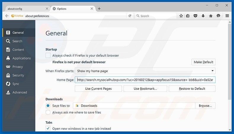 Removing search.mysocialhubxp.com from Mozilla Firefox homepage