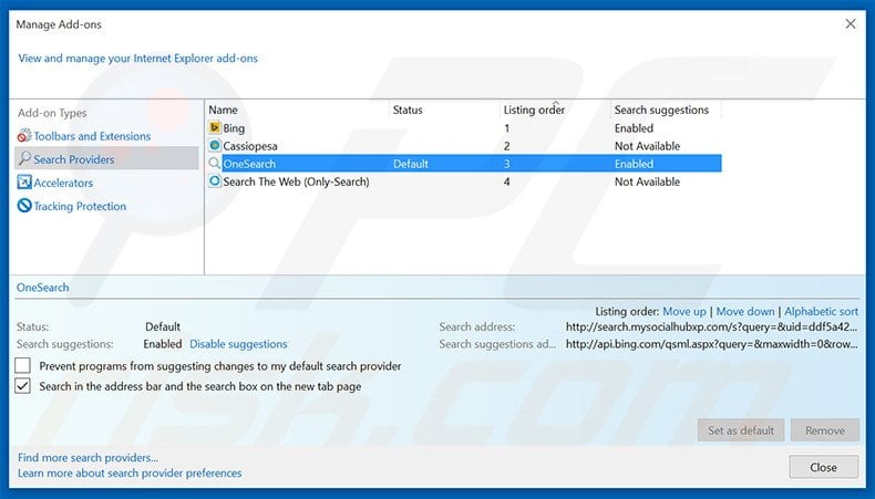 Removing search.mysocialhubxp.com from Internet Explorer default search engine