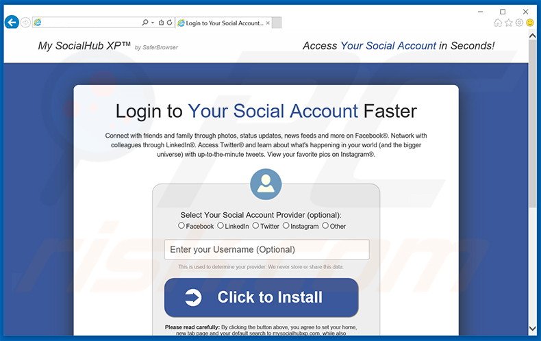 Website used to promote My Social Hub XP browser hijacker