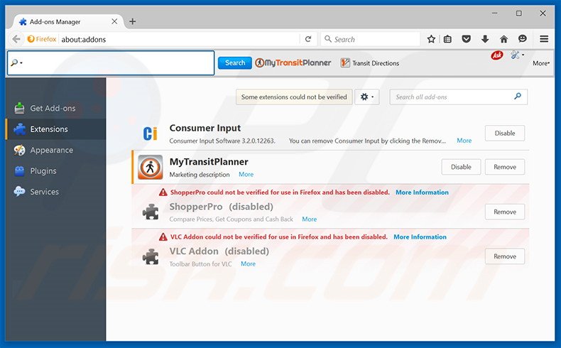 Removing MyTransitPlanner related Mozilla Firefox extensions