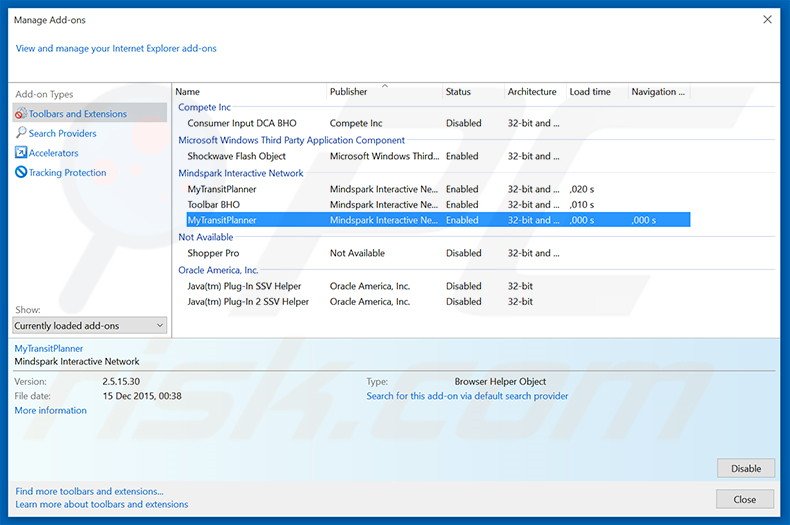 Removing MyTransitPlanner related Internet Explorer extensions
