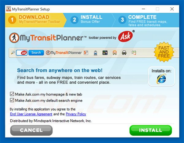 Official MyTransitPlanner browser hijacker installation setup