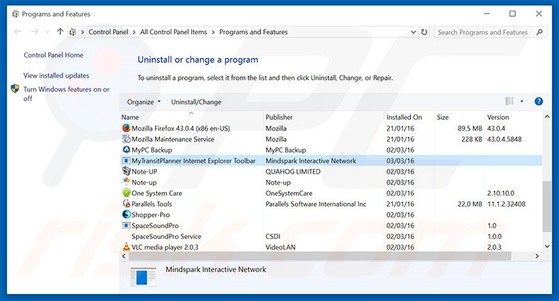 MyTransitPlanner browser hijacker uninstall via Control Panel