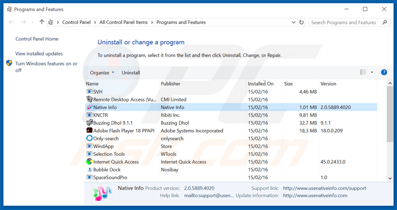 native info adware uninstall via Control Panel