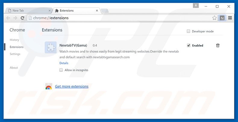 Removing search.newtabtvgamasearch.com related Google Chrome extensions