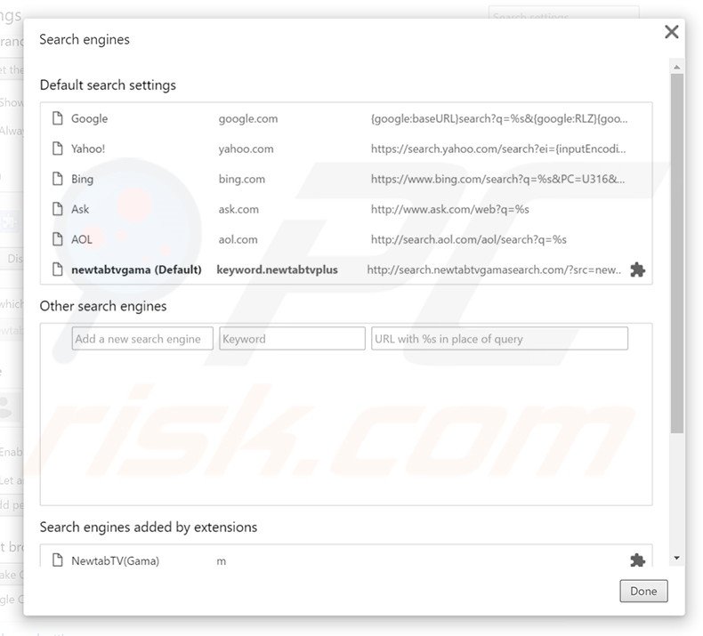Removing search.newtabtvgamasearch.com from Google Chrome default search engine
