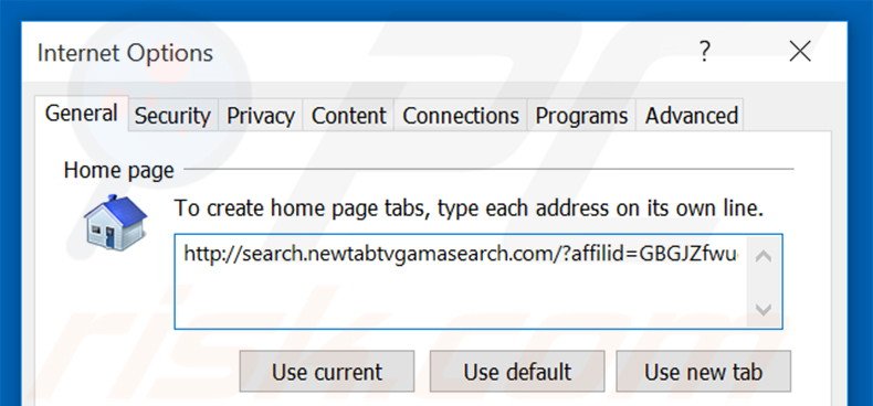 Removing search.newtabtvgamasearch.com from Internet Explorer homepage