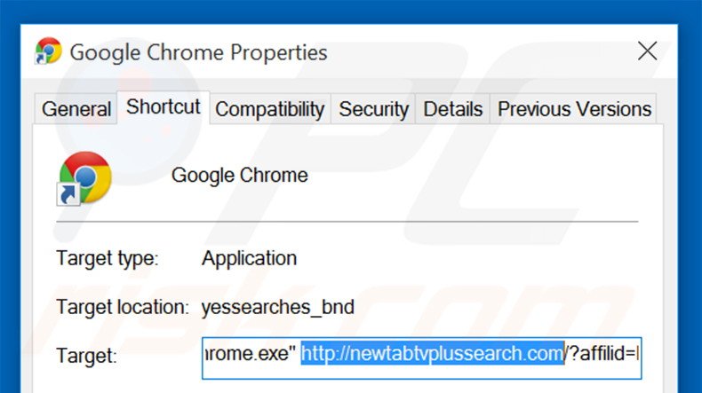 Removing newtabtvplussearch.com from Google Chrome shortcut target step 2