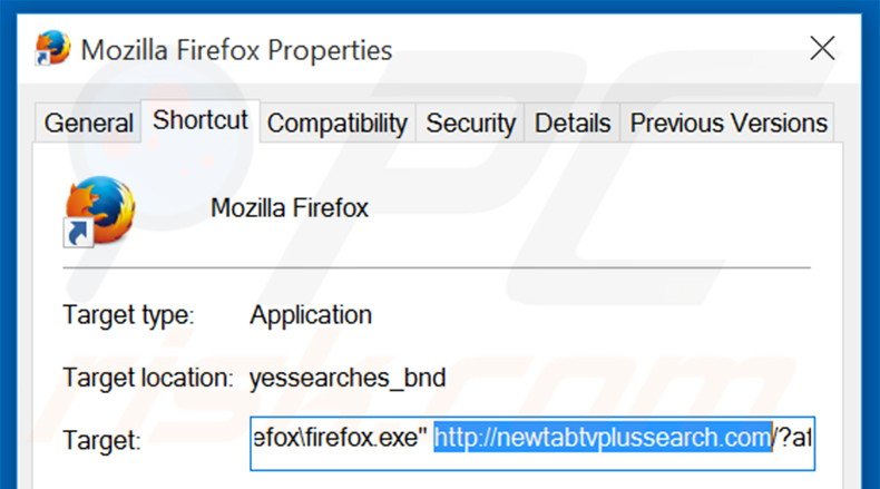 Removing newtabtvplussearch.com from Mozilla Firefox shortcut target step 2