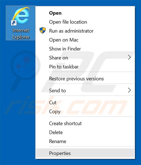 Removing newtabtvplussearch.com from Internet Explorer shortcut target step 1