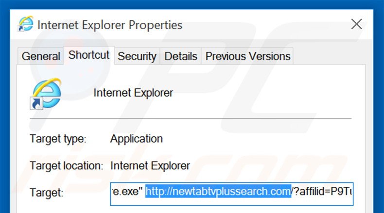 Removing newtabtvplussearch.com from Internet Explorer shortcut target step 2