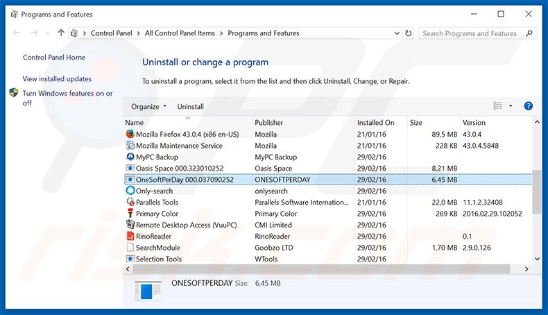 OneSoftPerDay adware uninstall via Control Panel