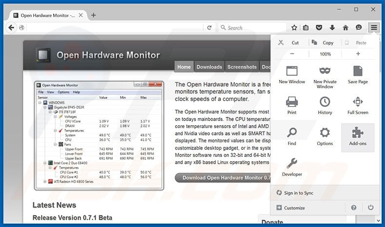 Removing Open Hardware Monitor ads from Mozilla Firefox step 1