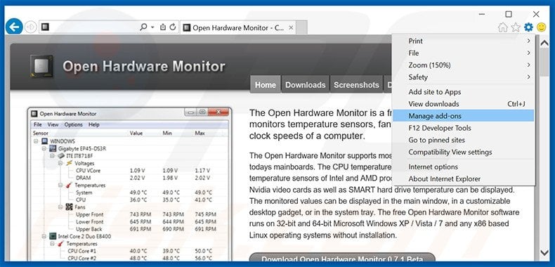 Removing Open Hardware Monitor ads from Internet Explorer step 1