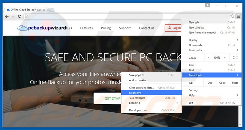Removing PCBackupWizard  ads from Google Chrome step 1