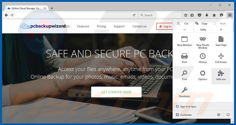 Removing PCBackupWizard ads from Mozilla Firefox step 1