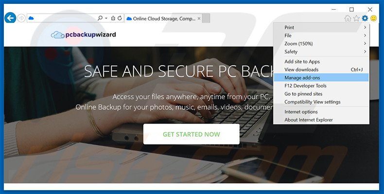 Removing PCBackupWizard ads from Internet Explorer step 1