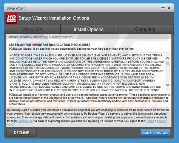 Delusive installer used to distribute PCBackupWizard