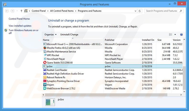 PCBackupWizard adware uninstall via Control Panel