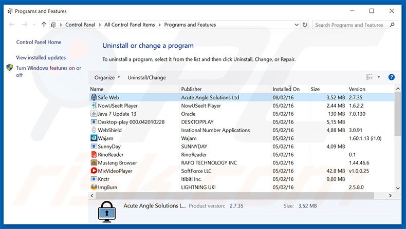 Safe Web adware uninstall via Control Panel